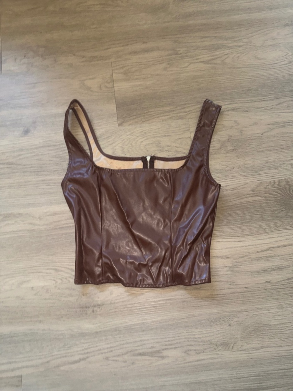 SHEIN Brown Faux Leather Corset Tank Top Size Small Y2K Square Neck Zip Back
